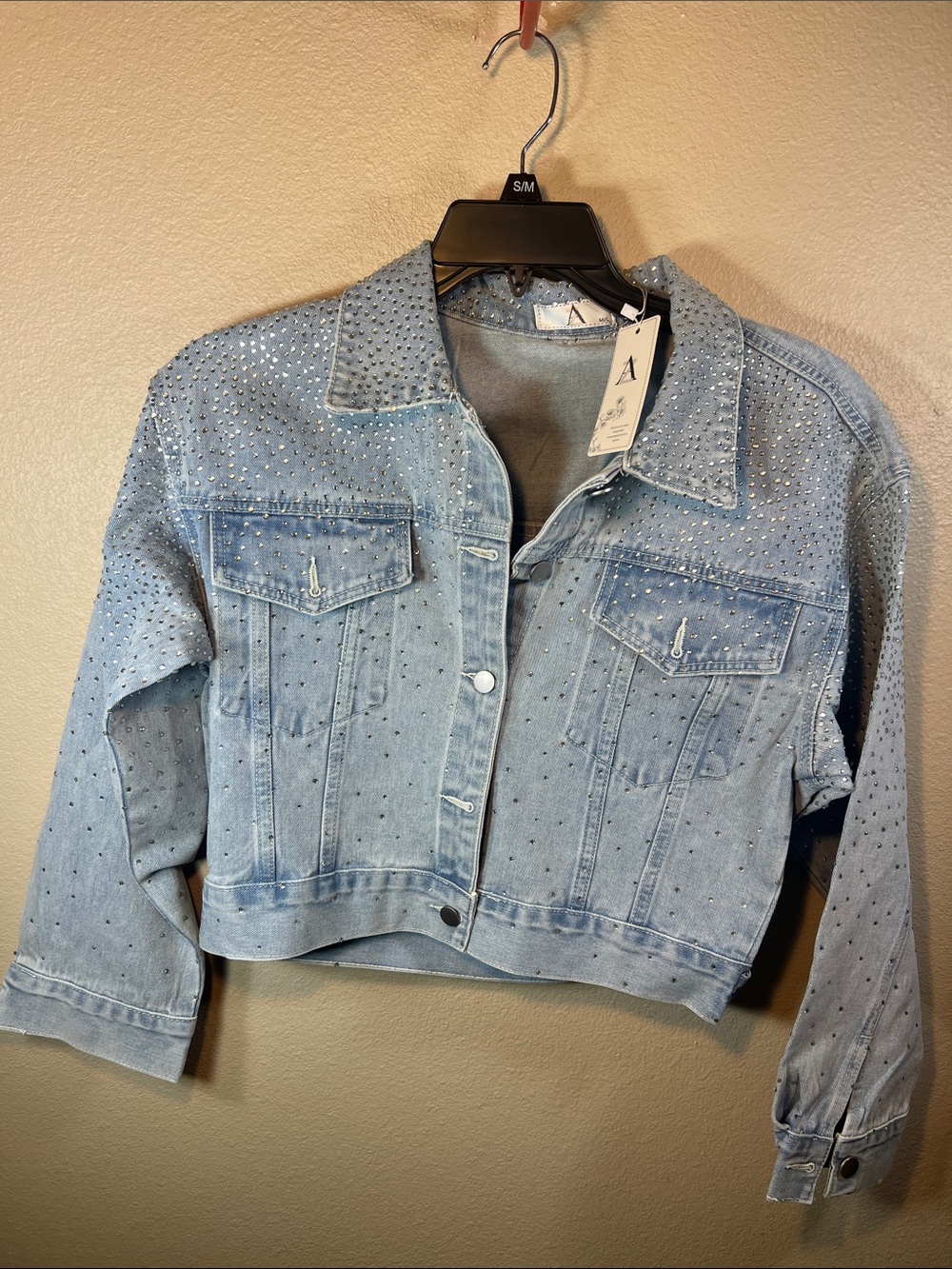 AZ Rhinestone Studded Cropped Denim Jacket Light Wash Blue AJ937 Size M/L NEW